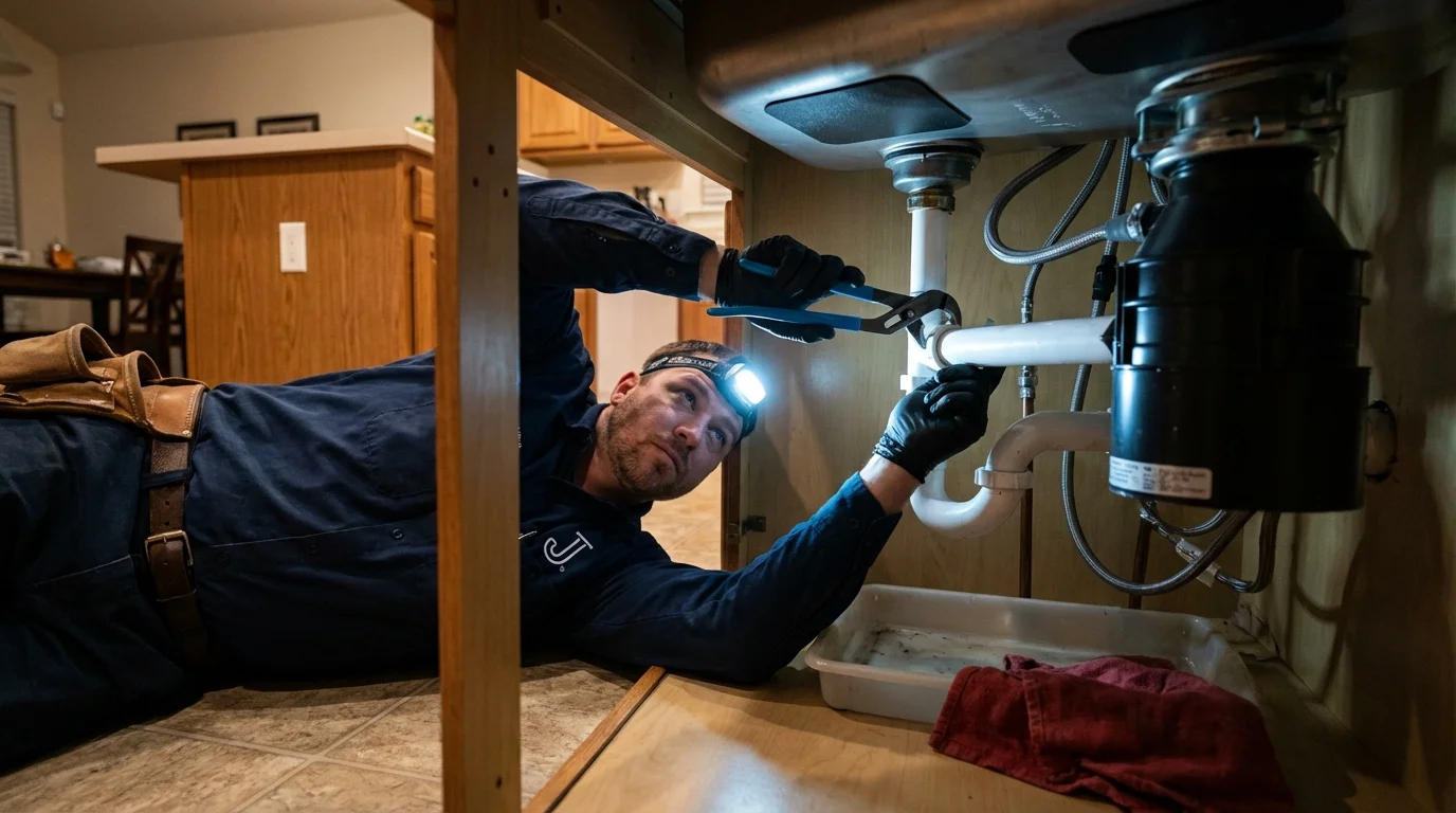 P-trap and supply line connections under a kitchen sink showing a common leak point in Ogden, KS